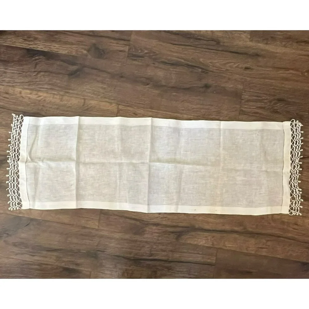 Vintage Linen Table Runner Beige Crochet Edge 53